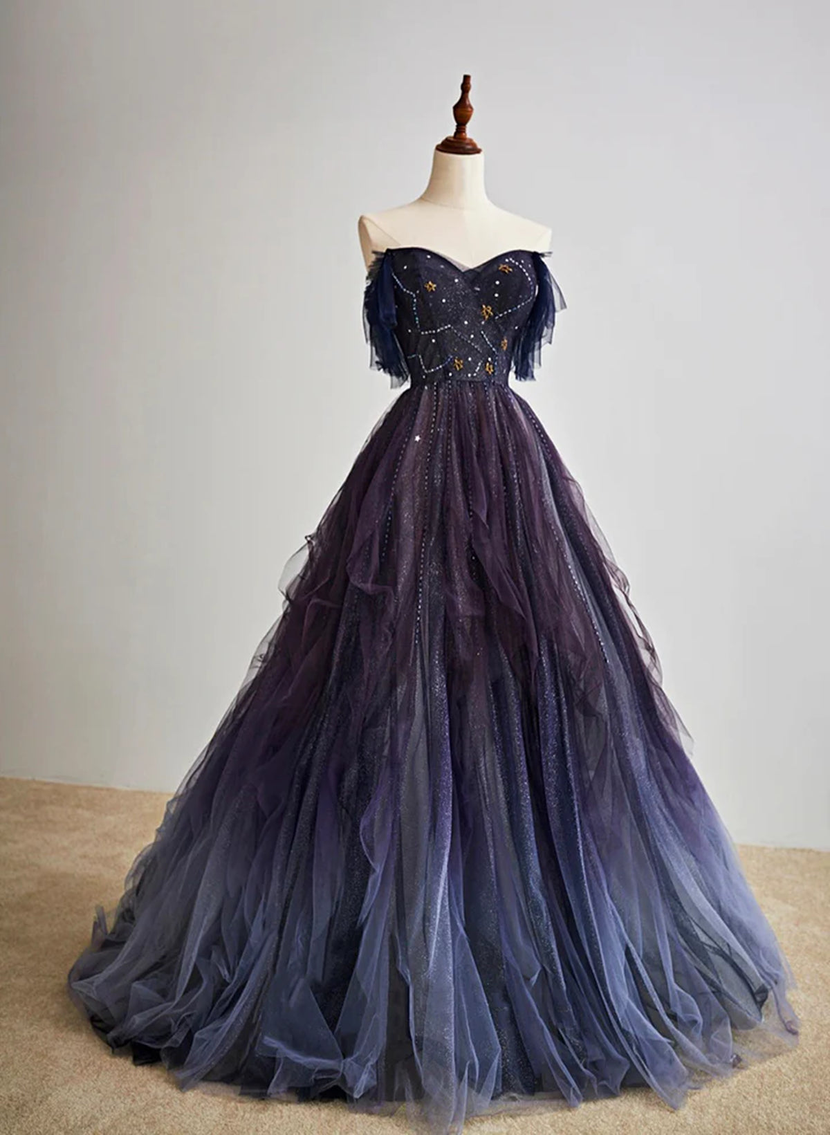 Bridesmaids Dresses Winter, Purple Gradient Off Shoulder Beaded Sweetheart Prom Dress, Purple Long Tulle Formal Dress