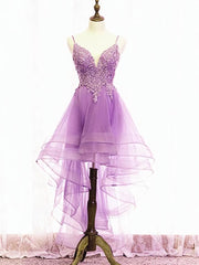 Bridesmaids Dresses Floral, Purple High Low Lace Prom Dresses, Light Purple High Low Lace Formal Homecoming Dresses