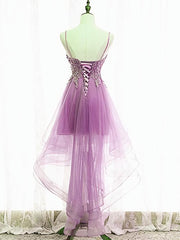 Bridesmaid Dress Lavender, Purple High Low Lace Prom Dresses, Light Purple High Low Lace Formal Homecoming Dresses
