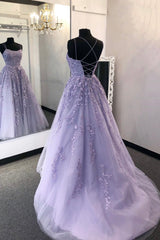 Bridesmaid Dress Under 110, Purple Lace Long A-Line Prom Dress, Spaghetti Strap Backless Evening Dress