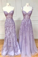 Prom Dress Long Formal Evening Gown, Purple Lace Long Prom Dress, Lovely Purple Sweetheart Neckline Evening Dress