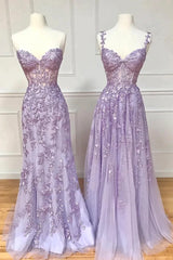 Prom Dresses For Brunettes, Purple Lace Long Prom Dress, Lovely Purple Sweetheart Neckline Evening Dress