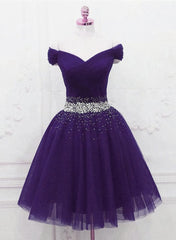 Bridesmaids Dresses Summer, Purple Off Shoulder Knee Length Beaded Tulle Homecoming Dress, Sweetheart Short Prom Dress