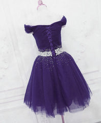 Bridesmaides Dresses Summer, Purple Off Shoulder Knee Length Beaded Tulle Homecoming Dress, Sweetheart Short Prom Dress