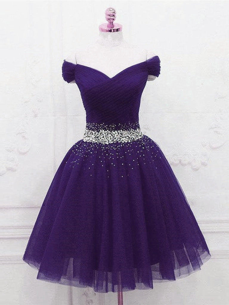 Bridesmaid Dresses Chiffon, Purple Off Shoulder Knee Length Beaded Tulle Homecoming Dress, Sweetheart Short Prom Dress