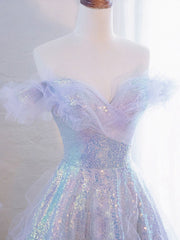 Evening Dress 1930, Purple Off Shoulder Tulle Sequin Long Prom Dress, Purple Formal Dress