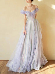 Evening Dress Modest, Purple Off Shoulder Tulle Sequin Long Prom Dress, Purple Formal Dress