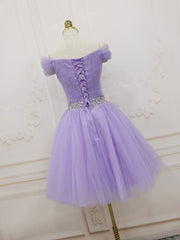 Evening Dresses Ball Gown, Purple Off Shoulder Tulle Sequin Prom Dress Purple Puffy Homecoming Dress