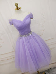 Evening Dresses Vintage, Purple Off Shoulder Tulle Sequin Prom Dress Purple Puffy Homecoming Dress