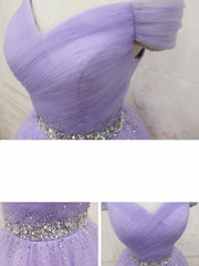 Evening Dress Fitted, Purple Off Shoulder Tulle Sequin Prom Dress Purple Puffy Homecoming Dress