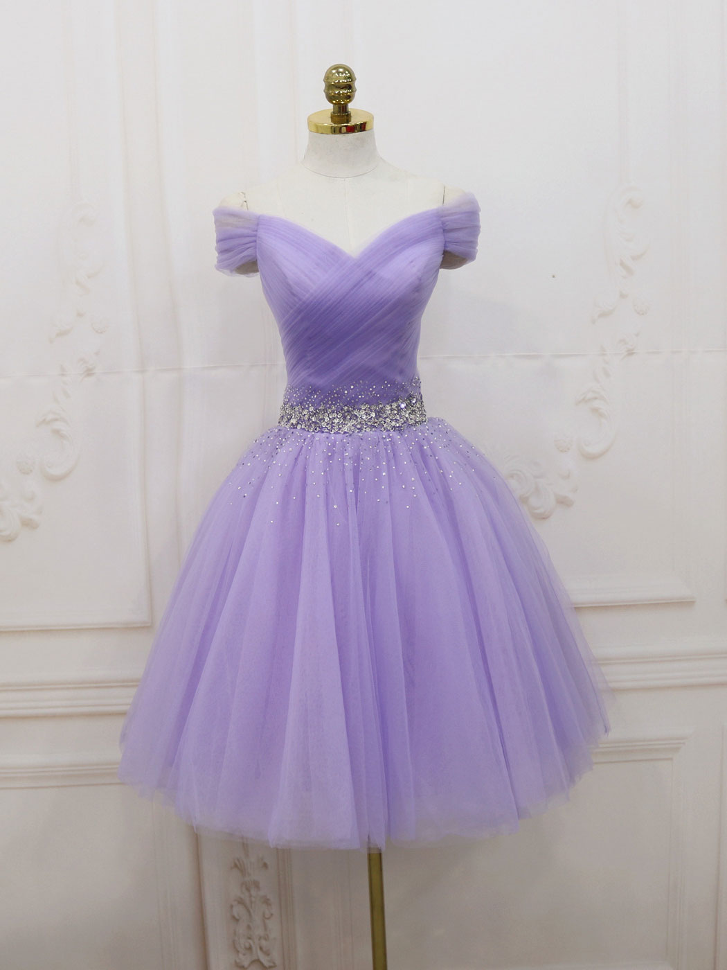 Evenning Dresses Short, Purple Off Shoulder Tulle Sequin Prom Dress Purple Puffy Homecoming Dress