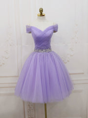 Evenning Dresses Short, Purple Off Shoulder Tulle Sequin Prom Dress Purple Puffy Homecoming Dress