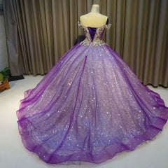 Bridesmaid Dresses By Color, Purple Off The Shoulder Ball Gown Bling Bling Prom Dress