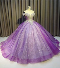 Bridesmaid Dresses Short, Purple Off The Shoulder Ball Gown Bling Bling Prom Dress