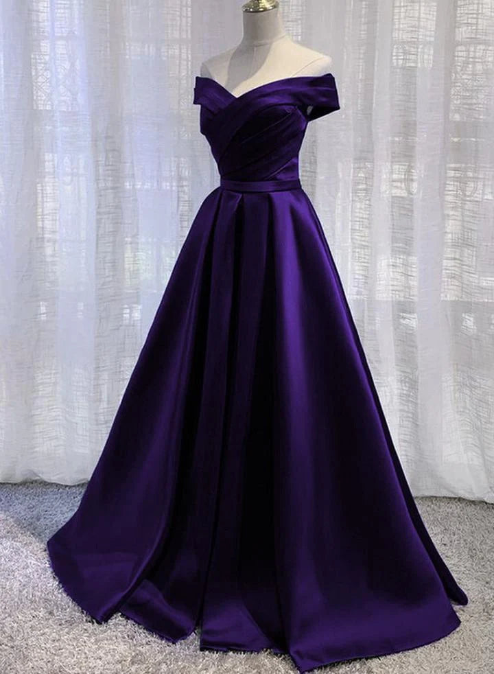 Party Dress Jumpsuit, Purple Satin Off Shoulder Long Prom Dress, A-line Simple Purple Formal Dress