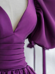 Homecoming Dress Shorts, Purple Satin Puffy Sleeves Long Party Dress, Dark Purple Evening Dress