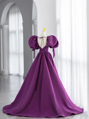 Homecomeing Dresses Short, Purple Satin Puffy Sleeves Long Party Dress, Dark Purple Evening Dress