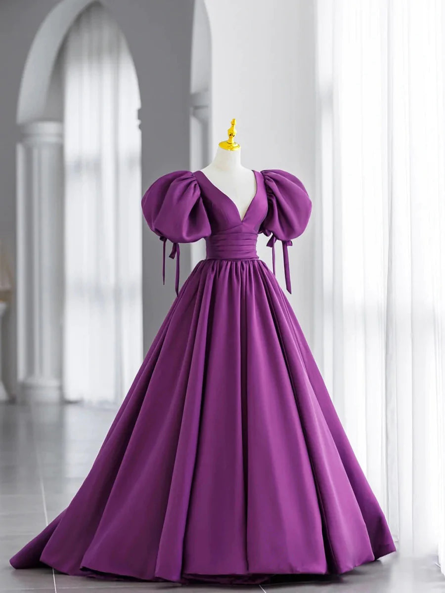 Homecoming Dresses For Girls, Purple Satin Puffy Sleeves Long Party Dress, Dark Purple Evening Dress