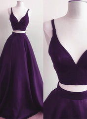 Bridesmaid Dress Sleeveless, Purple Satin Two Piece Long Party Dress, A-line Purple Evening Dress Prom Dress