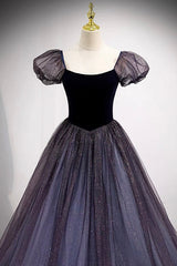 Bridesmaid Dresses Shop, Purple Scoop Tulle Long A-Line Prom Dress, Lovely Short Sleeve Evening Dress