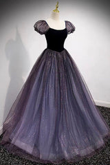 Bridesmaid Dresses Shops, Purple Scoop Tulle Long A-Line Prom Dress, Lovely Short Sleeve Evening Dress