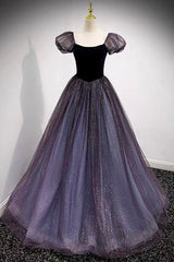Bridesmaids Dress Shopping, Purple Scoop Tulle Long A-Line Prom Dress, Lovely Short Sleeve Evening Dress