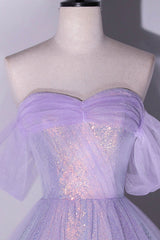 Formal Dresses For Weddings, Purple Sequins Long A-Line Prom Dress, Off the Shoulder Evening Party Dress