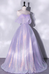 Formal Dresses Lace, Purple Sequins Long A-Line Prom Dress, Off the Shoulder Evening Party Dress