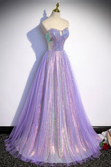 Formal Dress Classy Elegant, Purple Sequins Long A-Line Prom Dress, Purple Strapless Evening Graduation Dress