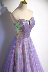 Formal Dress Lace, Purple Sequins Long A-Line Prom Dress, Purple Strapless Evening Graduation Dress