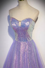 Formal Dresses Ballgown, Purple Sequins Long A-Line Prom Dress, Purple Strapless Evening Graduation Dress
