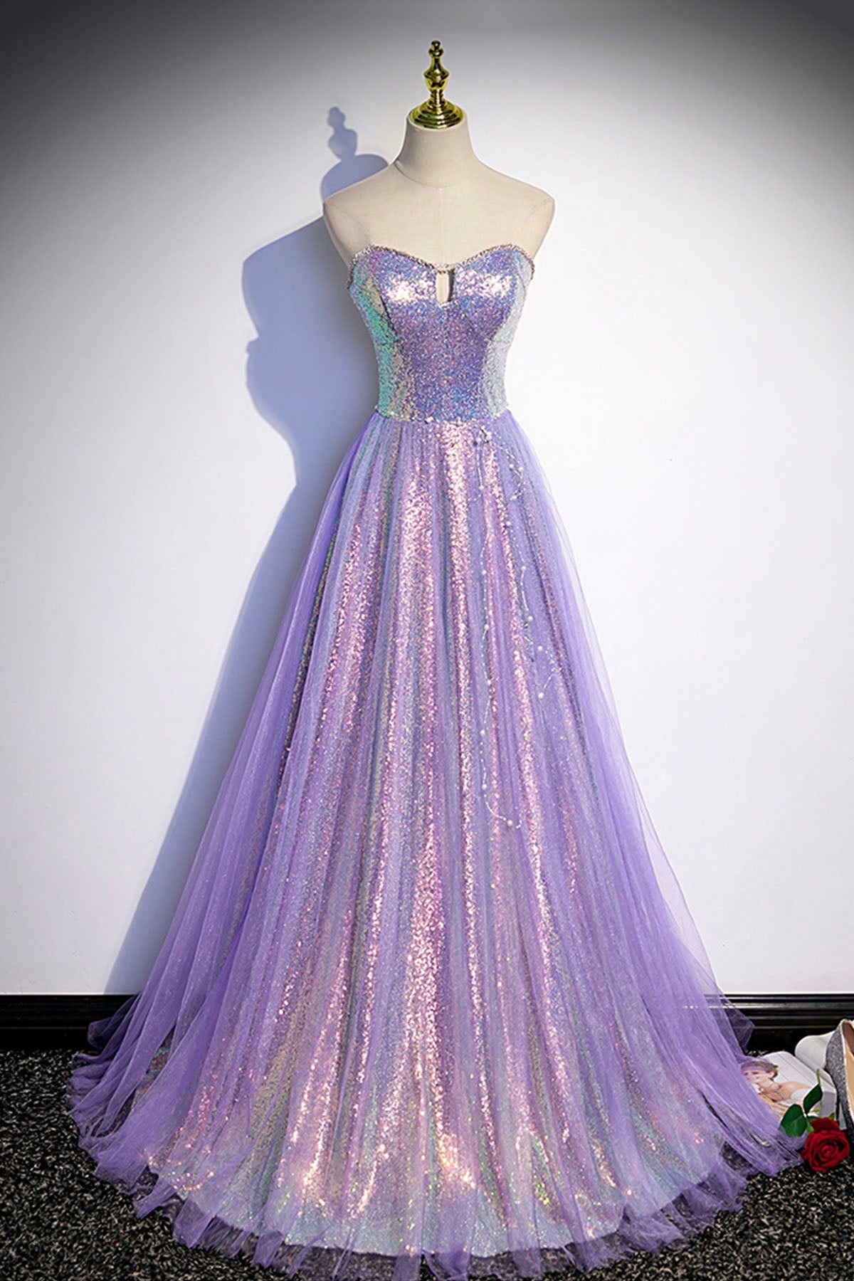 Formal Dresses Classy Elegant, Purple Sequins Long A-Line Prom Dress, Purple Strapless Evening Graduation Dress