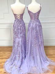 Prom Dress Places Near Me, Purple sweetheart neck lace long prom dress, lace formal graduation dress