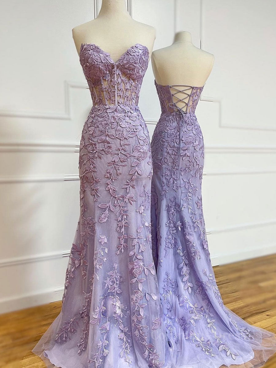 Prom Dresses Aesthetic, Purple sweetheart neck tulle lace mermaid long prom dress