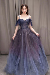 Formal Dress Outfits, PURPLE SWEETHEART NECK TULLE LONG PROM DRESS PURPLE FORMAL DRESS