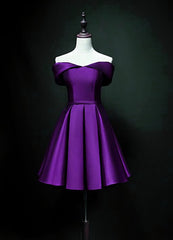 Evening Gown, Purple Sweetheart Satin Off Shoulder Homecoming Dresses, Purple Short Prom Dresses