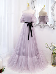 Dress Aesthetic, Purple tulle A line long prom dress, purple bridesmaid dress