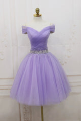 Party Dress Code Ideas, Purple Tulle Beaded Short Prom Dress, Off Shoulder Party Dress