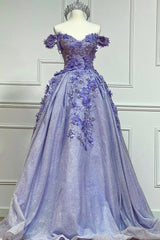 Prom Dresses 2031 Long Sleeve, Purple Tulle Lace Floor Length Prom Dress, Off the Shoulder Evening Dress