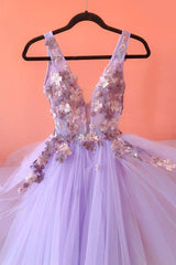 Pink Prom Dress, Purple Tulle Lace Long A-Line Prom Dress, V-Neck Evening Party Dress