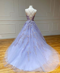 Prom Dress With Sleeves, Purple Tulle Lace Long Prom Gown, Lace Tulle Purple Graduation Dresses