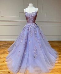 Prom Dresses With Sleeve, Purple Tulle Lace Long Prom Gown, Lace Tulle Purple Graduation Dresses