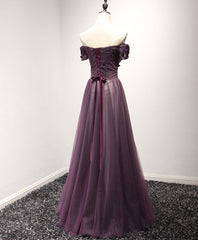 Evening Dress Elegant Classy, Purple Tulle Lace Off Shoulder Long Prom Dress, Purple Evening Dress