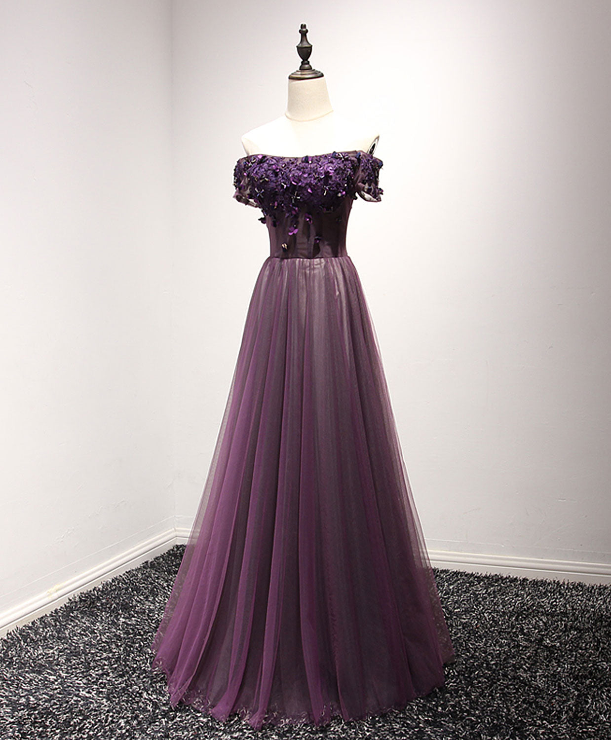 Evening Dress Short, Purple Tulle Lace Off Shoulder Long Prom Dress, Purple Evening Dress