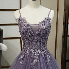 Homecoming, Purple Tulle Layers Long Formal Gown, Lace Applique Top Party Dress