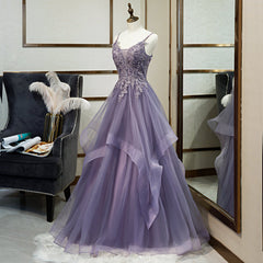 Formal Dress Short, Purple Tulle Layers Long Formal Gown, Lace Applique Top Party Dress