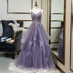 Short White Dress, Purple Tulle Layers Long Formal Gown, Lace Applique Top Party Dress
