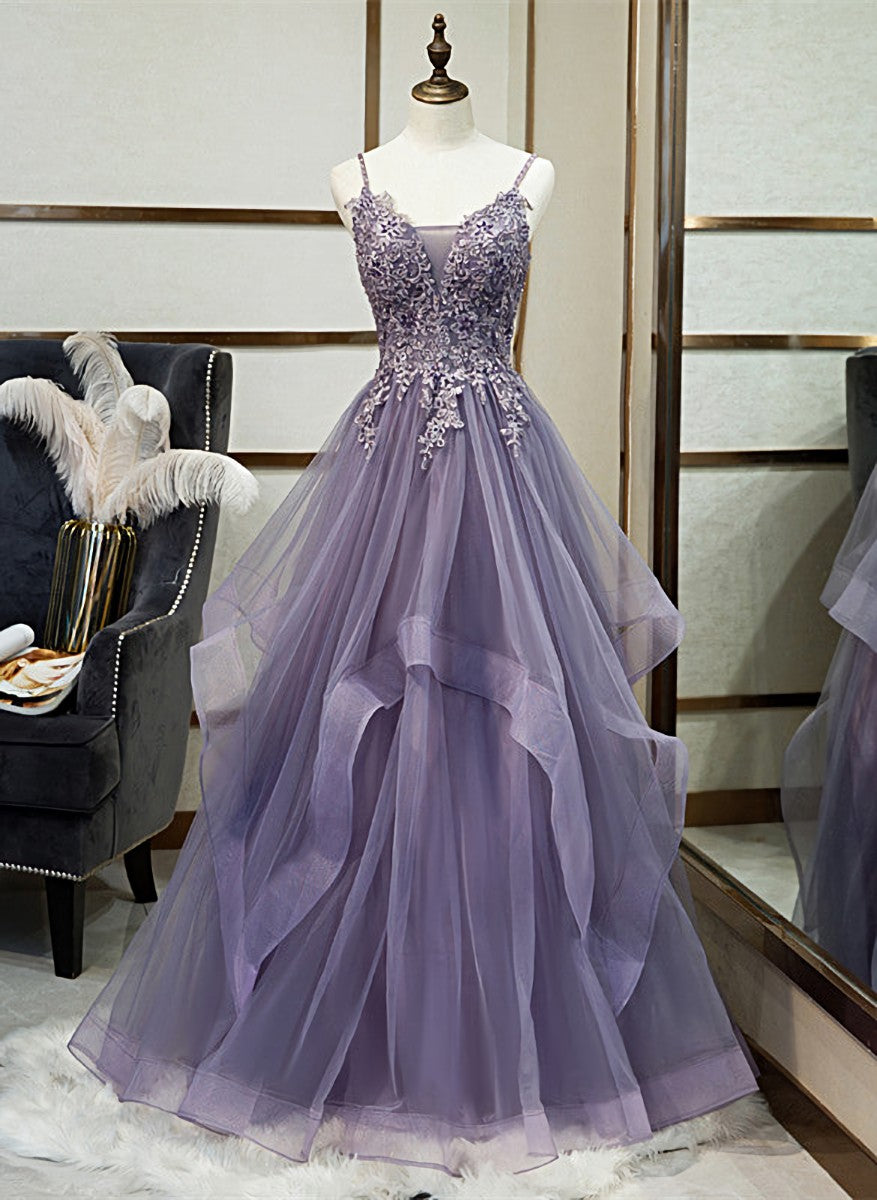 Cute Summer Dress, Purple Tulle Layers Long Formal Gown, Lace Applique Top Party Dress
