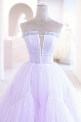 Prom Dresses Pink, Purple Tulle Long A-Line Prom Dress, A-Line Strapless Evening Gown