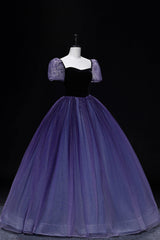 Evening Dress V Neck, Purple Tulle Long A-Line Prom Dress, Purple Short Sleeve Princess Dress